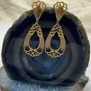 Vtg. Signed Don Lin Gold Tone Enamel Post Drop Earrings (Hang Down 2 3/4”)
